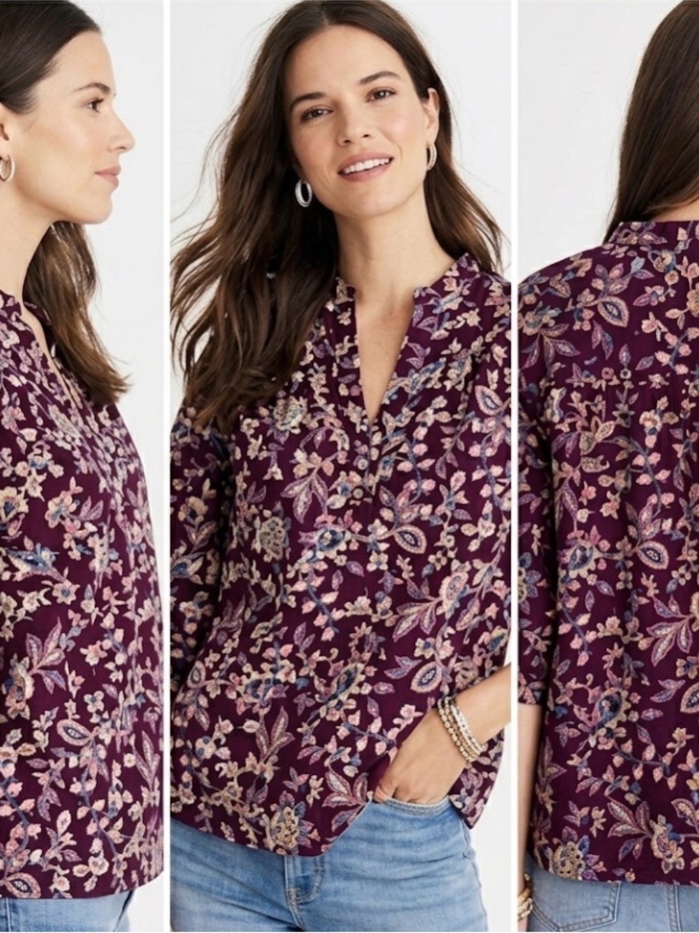 J. Jill Shirred Popover Top - Plum Jacobean Garden Floral Print size XLP NWT